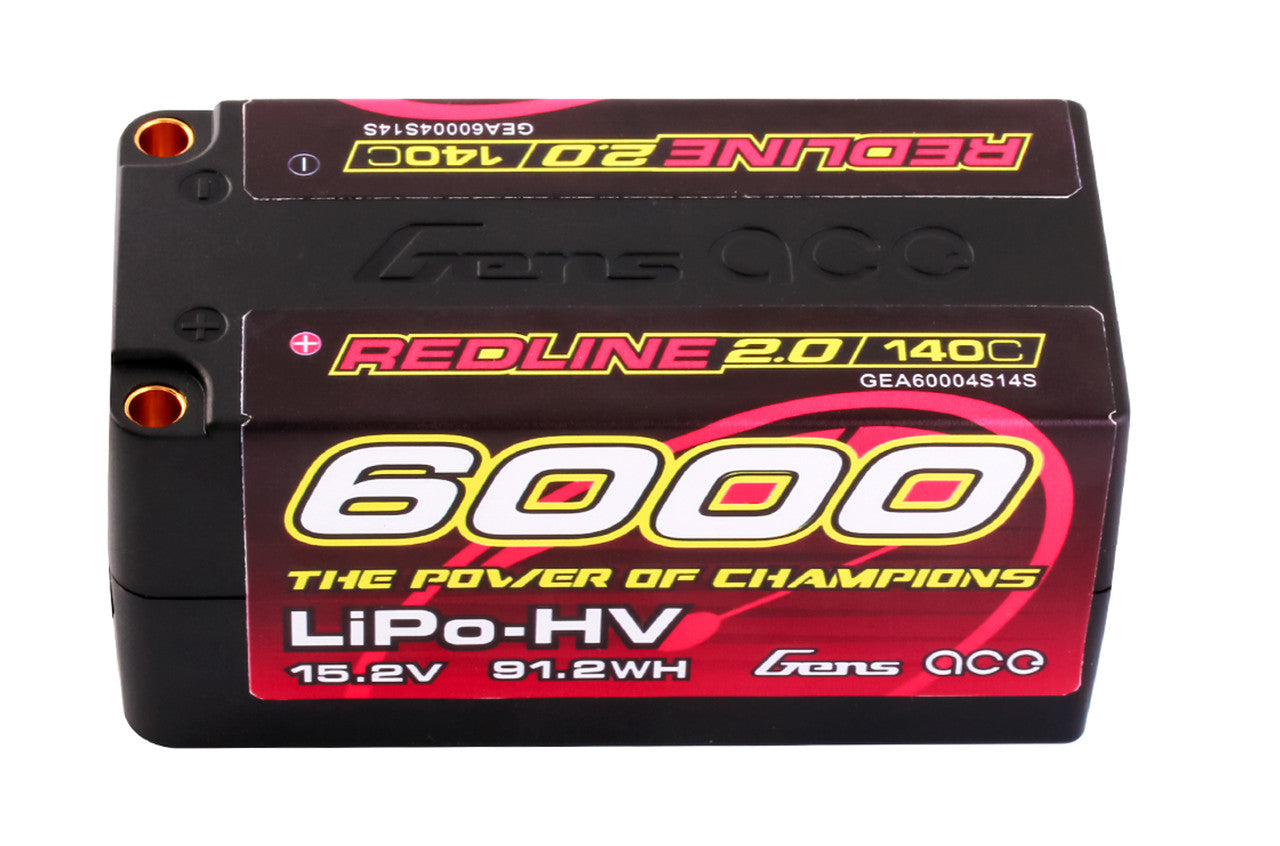 Gens Ace Redline 2.0 4S 15.2V 6000mAh 140C HV Li-Po Hard Case Shorty Battery w/ 5mm Connectors